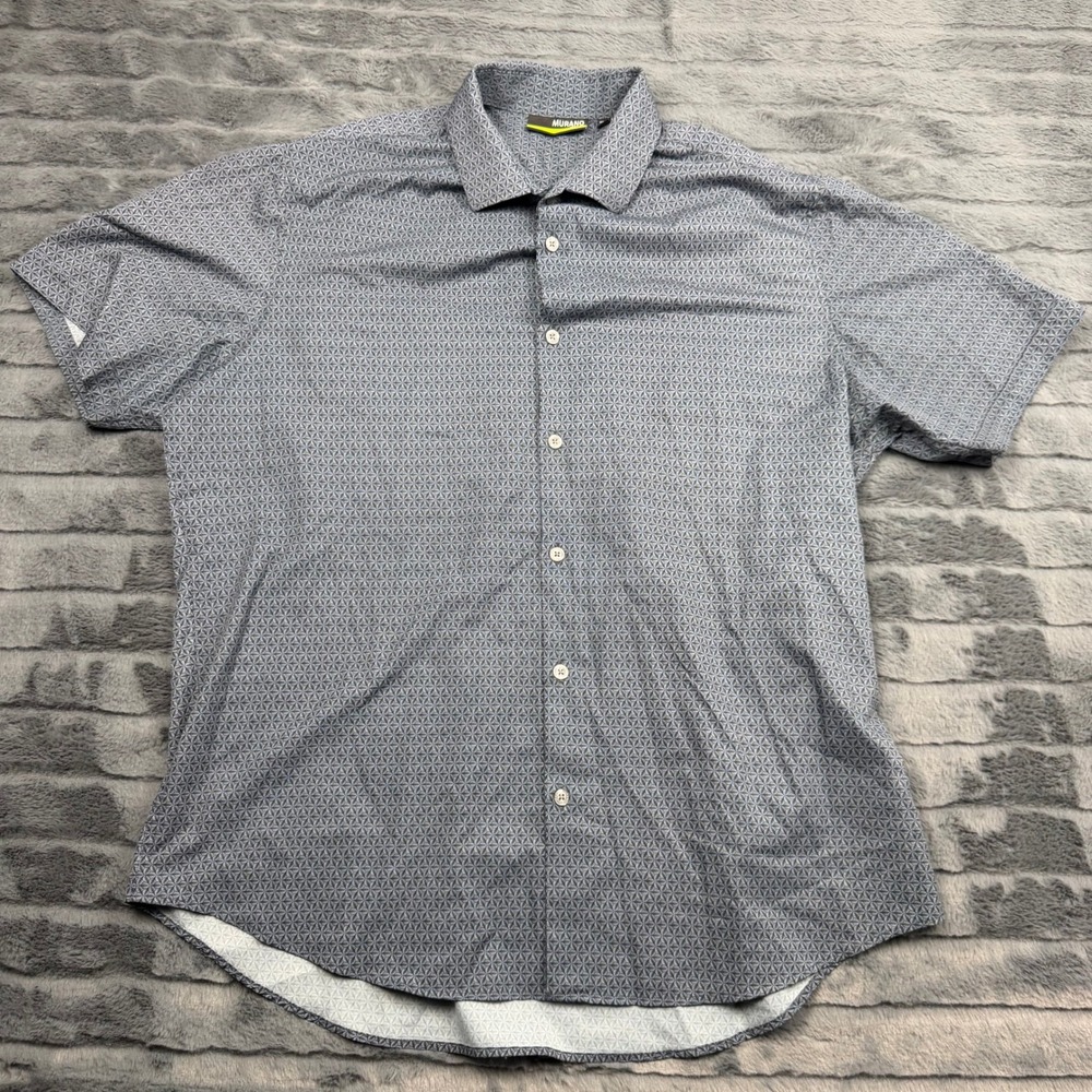 Murano Performance Mens XL Slim Fit Short Sleeve Geometric Button Down Blue